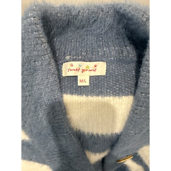 Sweet Generis Blue & White Striped Button-Up Cardigan Sweater M 3/4 sleeves - Picture 2 of 5